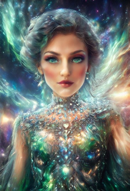 morph-aurora, (close up:2), head portrait,  beautiful milf, score_9, score_8_up, score_7_up, score_6_up, score_5_up, score_4_up, UHD, 8K, masterpiece, detailed, ultra_high_resolution, lots of detail, OverallDetailXL, detailxl, Sci-fi Environments, epiCPhotoGasm-colorfulPhoto, 1girl, green eyes, glittering green dress, necklace, flowing long green hair, jewelry, 34 years old, hands behind the head, high cheekbones, oval face, Timm_Style_XL, artist style, Bruce Timm, red lips, gentle smile, big eyes, crystal, gem,sparkle,  She has a warm motherly charm, a wholesome sexiness,  gold and silver accents befitting a Queen, high neck closure, fully dressed.