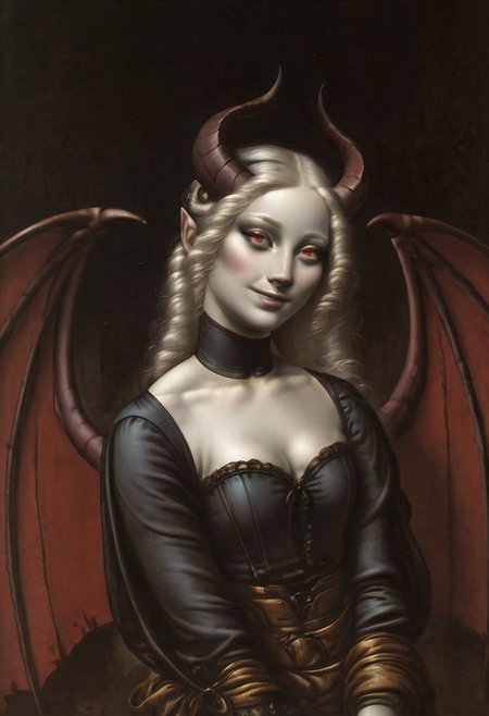LeonardoDaVinciStyle-IL.V1.0, oil painting, fine art, classic art, masterpiece, best quality, 1girl, white skin, white colored skin, pale skin, albino, albino skin, horns, demon horns, demon girl, succubus, wings, bat wings, demon wings, goth, goth girl, goth makeup, runny makeup, smile, grin, closed mouth,