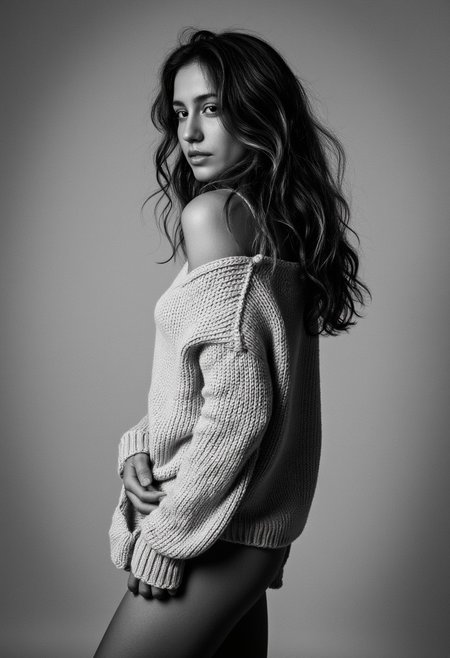 Mirrorless, Fujifilm X-T4, dramatic chiaroscuro lighting. Subject: Female 25-year-old Caucasian (5'8", slender build, B-cup, long wavy brown hair with subtle highlights, defined cheekbones). Setting: Minimalist studio with plain background. Pose: Standing three-quarter turn, looking off-camera to the right. Wearing an oversized knit sweater that hangs off one shoulder, no pants visible. Right hand grasping sweater hem near hip. Expression: Thoughtful, slightly melancholic. Style: High-contrast black and white portrait emphasizing texture of hair and sweater. Mood: Intimate, vulnerable, artistic.