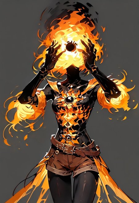 score_9, score_8_up, score_7_up,
lord_of_frenzy, fire head,
novakin, faceless, no eyes, no mouth, no nose, no facial features, short fiery yellow orange hair, body made of black plasma,
open hands, hands on face front,
hands on own head, 
Madness,
magical girl outfit, steampunk dress, boots, (brown shorts:1.1), black tights, medium breasts, belt,
simple background, grey background,