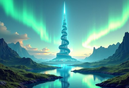 Planet Xylophia-IV, a stunning celestial body known for its breathtaking landscapes, making it an attractive destination for human colonization and terraforming efforts in the late 22nd century.
Soft, serene sky with blues gradating into vibrant, electric turquoise towards the horizon; delicate, swirling patterns of iridescent green and gold dance across the upper atmosphere.
A tranquil, crystal-clear lake reflects the aurora's ethereal dance, its surface dotted with lotus-like, bioluminescent flora that pulse in harmony with the planet's natural energy; undulating, emerald-green hills rise gently, covered in a lush, alien vegetation that shimmers with a subtle, rainbow hue; the rugged, sapphire-blue mountain range stretches across the horizon, its peaks hiding ancient, alien ruins and mysterious energy sources.
The center object is a majestic, spiral-shaped skyscraper, that pierces the sky, its surface adorned with a latticework of neon-lit futuristic accents; the spire serves as New Eden's heart, housing the colony's administration, a renowned intergalactic research center, and a luxurious, zero-gravity hotel.
As the dual suns dip below the horizon, New Eden transforms with a warm, golden lighting scheme, accentuating the futuristic elements and casting a magical glow across the landscape.
Panoramic shot from a elevated vantage point, capturing the entirety of New Eden, the lake, and the majestic distant mountain ridge.
Hd, uhd, ultra-detailed, high resolution, 4k.