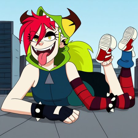 demencia, red hair, green ponytail, striped thighhighs, single striped sock, anklet, green monster hood, yellow eyes, sharp teeth, dark blue hoodie, single striped sleeve, red sneaker, blue sneaker, black skirt, smile, eyeshadow, spiked bracelet, zipper pull tab, torn pantyhose, glove, tongue out, Pov-giantess (macrogts:1.1) (laying on a city (prone) at sunset:1.1), the buildings underneath her body are crushed,