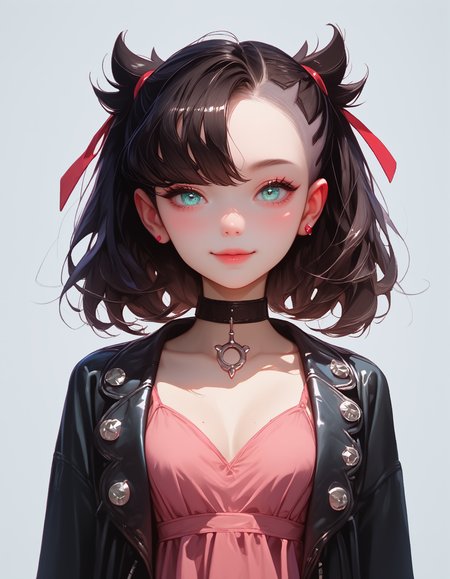 zPDXLxxx, Expressiveh, 

Marnie_(Pokemon), aqua eyes, black choker, red ribbon, pink dress, jewelry, black jacket, open clothes, long sleeves, black hair,

small breasts, natural sagging breasts,

score_9, score_8_up, score_7_up,score_6_up,

highres, high quality, perfection, masterpiece, detailed, source_anime, simple white background, 1girl, solo, front view portrait, face focus, intricate features, beautiful, girl, young adult, youthful, petite body, detailed face, beautiful face, innocent face, eyelashes, perfect eyes, detailed eyes, medium breasts, clothed, standing, smiling, looking at viewer,