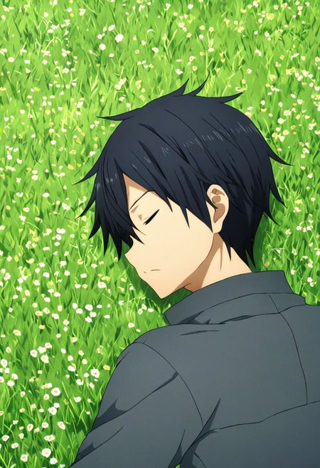 high resolution, solo, best quality, 1Boy, Kazuto Kirigaya, Black Hair, Black Eyes, sleep, meadow hills, wind breeze, OverallDetail