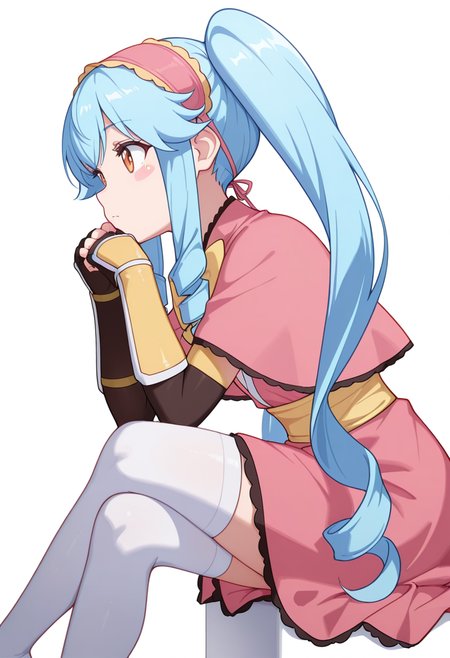 masterpiece,high quality details, absurdres, 
sitting cross-legged, elbows on knees, chin resting on hands, torso forward, bare feet visible  ,
 <lora:Michiru_Kusagakure:0.8>
michiru_cnr, 1girl, blue hair, long hair, twintails, drill hair, sidelocks, orange eyes, blush stickers,
long dress, pink capelet,fingerless gloves, elbow gloves, white thighhighs, hairband, yellow bow,yelow armlet, ninja,, uwu,, simple background, white background, from side,solo,