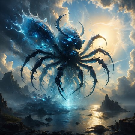 tempestmagic towering insectoid monstrosity, Floating islands amidst radiant azure skies,,, Chiaroscuro, Gorgeous splash of vibrant paint, sharp focus, glowing, scifi  subreddit, by Greg Rutkowski and Ruan Jia and James Gurney<lora:Tempest_Magic_-_XL_Grimoire:0.8> <lora:Lost_In_Dreams:0.6> <lora:add-detail-xl:0.4> <lora:gorgoeus_splash_of_vibrant_paint:0.7>