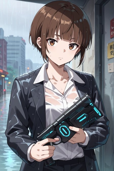 score_9,score_8_up,score_7_up,masterpiece, best quality, <lora:WHM 0.2v:0.5>, WHM, 2D,anime,  
<lora:HandFixer_pdxl_Incrs_v1:0.5>,   
Dominator, 
 holding gun, black weapon,
<lora:Dominator_Psycho_Pass_Pony_XL:0.8>
tsunemori akane, 1girl, looking at viewer, closed mouth, short hair, shirt, brown hair, brown eyes,collarbone, white shirt,  blunt bangs, formal, suit, rain <lora:Akane_Tsunemori__Psycho-Pass:0.7>  suit jacket,