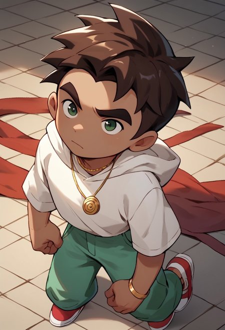 score_9, score_8_up, score_7_up, Raimundo, cartoon style, 1boy, dark brown hair, dark green eyes, tan skin, gold spiral circle necklace, white hoodie, green pants, red white shoes,