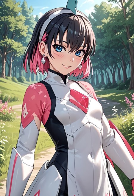 score_4,score_5,score_6,score_7_up,score_8_up,score_9 ((masterpiece,best quality,ultra detailed,highres,HD,4k:1.2)), 
1 girl,solo,face focus,
((ironvaliantsv,human girl,)),
short hair,black hair,multicolored hair,Inner color pink hair,blue eyes,tattoo,black head gear,earrings,small breast,
outdoors,in the forest,day,
standing,
smile,.blush,light smile,