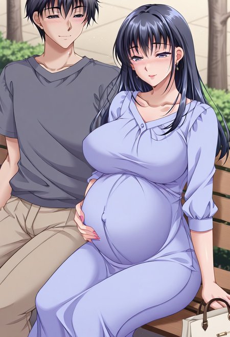 masterpiece, best quality, newest, highres, uncensored, 1girl,Suou Yuki,Black hair, Long hair,cyan eyes,large breasts,earrings，
pregnant, 1girl, mother and son, family, 1boy, mature female, bench, blush, smile, bag, sitting