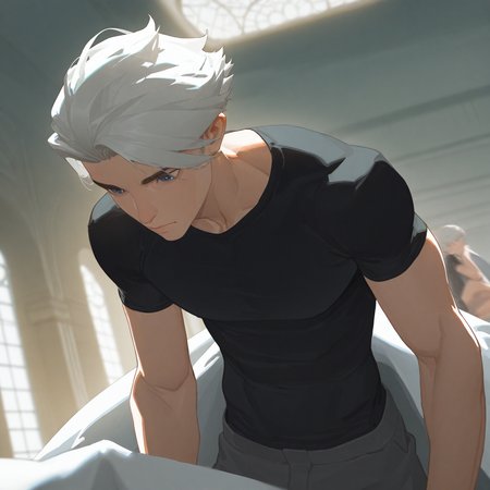 <lora:NICE:1>mr_nice, 1girl, solo, short hair, shirt, 1boy, closed mouth, upper body, white hair, grey hair, male focus, short sleeves, solo focus, indoors, blurry, dark blue eyes, black shirt, depth of field, t-shirt, realistic, blanket, shorts, detailed background, motion blur, film grain, abstract, natural lighting, fantasy, cinematic, dynamic view, tilted angle, very awa, masterpiece, best quality, absurdres, newest, perfect quality, detailed background, intricate details,  (artist:fl \(l-fl\):0.7), (artist:tooboshoo:0.7), (artist:dizdoodz:0.8)