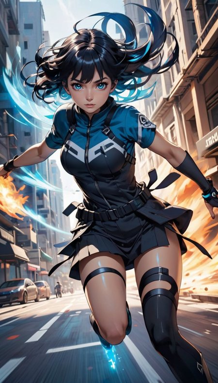 4n1v3rs3, (3d:1.4), computer graphic, CG art
A dynamic image depicts a young woman with short, black hair sprinting through a city street. She is dressed in a futuristic, form-fitting outfit that glows with blue energy patterns. Flames trail behind her, adding to the sense of speed and power. Her determined expression and intense focus convey her strength and resolve. The blurred cityscape in the background emphasizes her rapid movement and the energy emanating from her figure, (floating hair:1.4), enraged expression, (((clenched teeth))), 
 <lora:extremely_detailed:1> extremely detailed