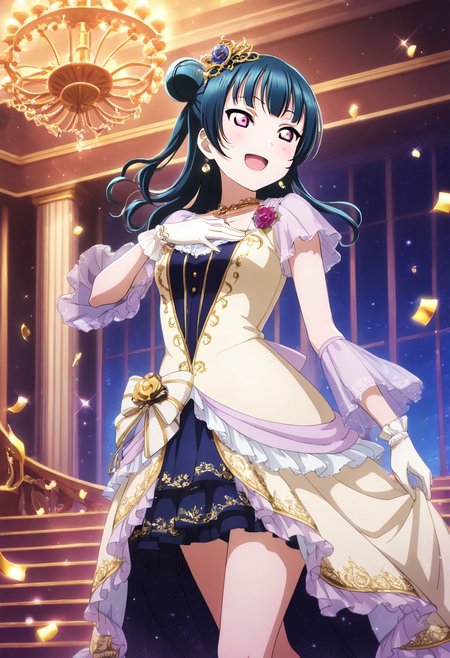 masterpiece, best quality, solo, 1girl, aged up, happy, 
 yoshiko_tsushima, tsushima_yoshiko, long hair, bangs, blue hair, pink eyes, single hair bun, masquerade-themed idol look, deep violet and gold gown, mask held to the side, rose-shaped hairpiece, chandelier-lit ballroom stage, marble pillars, falling gold confetti, graceful twirl, mysterious and enchanting aura