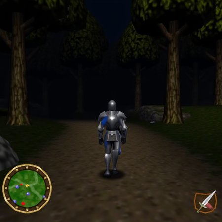 video game screenshot of a 3rd person view of a knight wearing a shiny armor and walking in a dark forest, 3d graphics, circular mini map on bottom left , health bar at the bottom, and the right shows a sword icon as the equipped item,  video game style,  <lora:N64_Game_Style_F1D:1> n64style, flat lighting, low resolution, crt scanlines, low poly