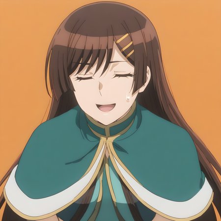 otonashi_hibiki, solo, closed eyes, 1girl, hairclip, hair ornament, brown hair, sweatdrop, open mouth, long hair, orange background, upper body, smile, school uniform, capelet, ^ ^<lora:Otonashi_Hibiki:1>