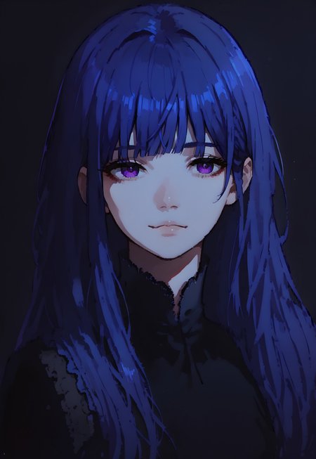 score_9, score_8_up, score_7_up, score_6_up, source_anime,1girl, bernkastel, long  hair, blue hair, purple eyes, expressionless, slight smile, portait, eye focus, dcr34sed_c0l0ring, dark background, night