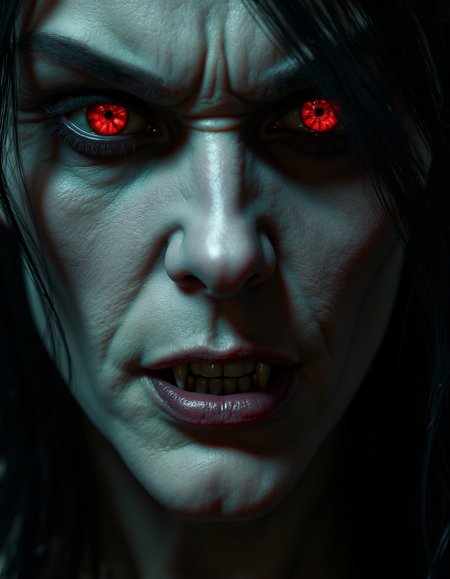 zavy-vmpr, Extreme close-up of a shadowed face framed by wispy black hair, piercing crimson eyes that glint with an unsettling hunger, an enigmatic smirk barely revealing elongated canines, high contrast chiaroscuro with a focus on textures and details of the skin, a dark palette with hints of deep emerald and midnight blue for a haunting ambiance.