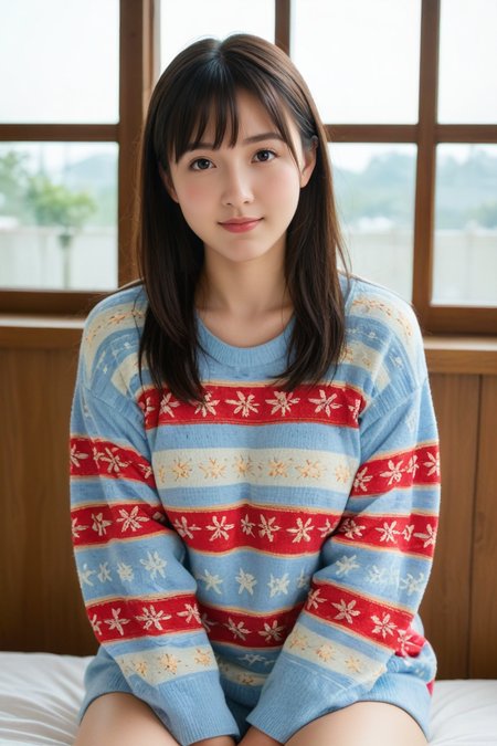 1girl,  Long black hair, bangs,(pattern sweater,
Showing thighs:1.3),
Beautiful 20 year old Japanese girl,large nature breasts, 
looking at viewer,,cowboy shot, light smile, 
,portrait,upper body,sitting,
<lora:sdxl_lightning_8step_lora:1>,
<lora:pony_xl_yawara:0.7>,yawara,
dojo,score_9,score_8_up,score_7_up,
Clouds Sky,old time city street ,dof, 
masterpiece, best Quality,realistic Details,photography,