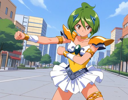 general,highres, ultra-detailed,very aesthetic,best quality ,best hands,  BREAK <lora:Tamano_Hinagiku_IS:1> Tamano_Hinagiku, 1girl,solo, green hair, short hair, brown eyes, hair between eyes, 1990s (style),anime coloring,
solo, green eyes, smile, skirt, choker, looking at viewer, armor, armlet, jewelry, magical girl, thighlet, ahoge, outdoors, white skirt, shoulder armor, pauldrons, day, hair ornament, collarbone, shoulder pads, open parts,
serious face, fighting, punch,
city, outdoor, day, sky,