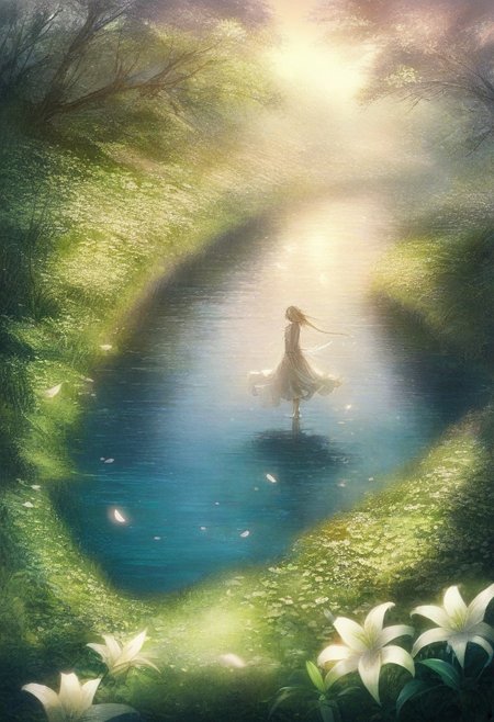 detailed background, from above,( Calm spring  landscape), amongst lush greenery, beautiful view, Flower Field, lily flower in full bloom, lily flower, early morning, sunrise sky, beautiful clouds, dappled beautiful, Tranquil Lake, Walkway, petals dancing in the wind, depth of field, masterpiece, best quality, ultra-detailed, very aesthetic, illustration, perfect composition, intricate details, absurdres, moody lighting, wisps of light, no humans,