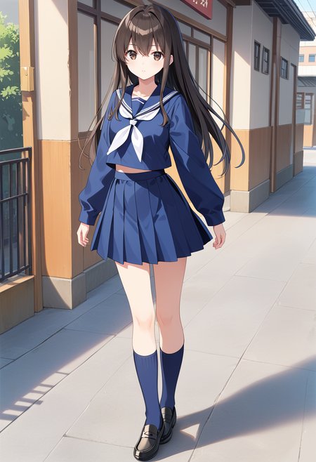 standing, blue serafuku, blue sailor collar, white neckerchief, blue sleeves, blue skirt, blue socks, black loafers,  <lora:KC_04AC_akagi_pony:0.6> akagikc, black hair, brown hair, straight hair, brown eyes, black eyes, bangs, long hair, hair between eyes, sidelocks,, score_9,score_8_up, score_7_up, source_anime, masterpiece, best quality,  official art, official style, game cg, megami magazine, rating_safe, rating_questionable, <lora:Fixhands_anime_bdsqlsz_V1:0.75>,