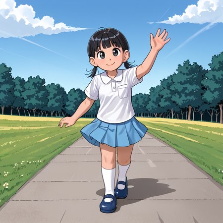 outdoors,  <lora:MagaliV2:1> MagaliTDM, 1girl, solo, shirt, short sleeves, shoes, socks, white socks, mary janes, blue footwear, white shirt, pleated skirt, blue skirt, blue footwear, black hair, three strands of hair that seem to resemble pigtails, black eyes, short, walking, waving, smile,