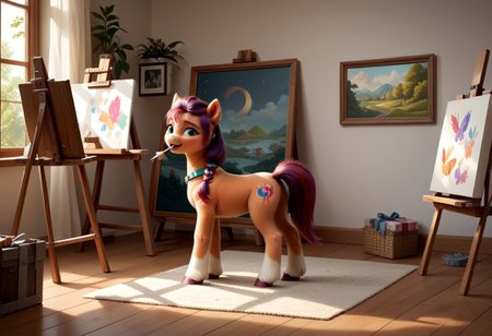 score_9, score_8_up, score_7_up, score_6_up, score_5_up, score_4_up, sunny starscout,
 earth pony, pegasus pony, g5, inside, rich colors, artist workshop, presents a painting of rabbits, aroused, front view, detailed background, pony, solo, detailed, 8k quality, side view, beautiful, teasing, easel and brushes, leaned to the floor, close up,