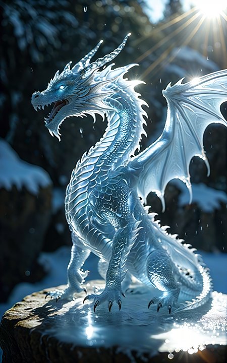 intricately carved ice dragon with wings melting in the sun,crystal-clear-ice,flowing drops of water,reflective lights,refracted sunlight,spectacular image,ultra_detailed,8k.  masterpiece,trending on artstation,sharp focus,studio photo,intricate details,highly detailed,by greg rutkowski, . shallow depth of field, vignette, highly detailed, high budget, bokeh, cinemascope, moody, epic, gorgeous, film grain, grainy