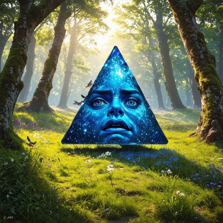 A hyper-realistic painting featuring a three-dimensional blue triangle with human eyes and a mouth, clearly expressing an emotion such as sadness or joy. The triangle should have realistic textures and lighting, making it appear as part of the physical world. It is set in a lush, vibrant forest at dawn, with sunlight filtering through dense foliage, illuminating the moss-covered ground and small wildflowers. Birds and woodland creatures add life to the serene setting. The triangle should blend seamlessly into the environment despite its surreal form, creating a striking contrast between the natural beauty of the forest and the lifelike, anthropomorphic triangle