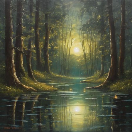 rain drop with reflection of a magical forest, refelction in reflection in a crystal-clear pond, shimmering under the light of the full moon, casting a mystical glow over the serene scene, illuminating the surrounding trees with an ethereal light, creating a dream-like atmosphere that transports the viewer to another world.