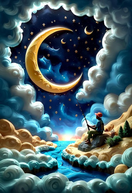 The silhouette of a fisherman fishing, sitting on the edge of a crescent moon in the sky, smiling Cresent moon, starry, clouds, solo, vibrant, photo realism, Masterpiece, (8k:1), best quality, ultra detailed, best artist, micro details, sharp edges, detailed textures, (full body shot:1), atmospheric lighting, visually stunning, perfect composition, trending on artstation