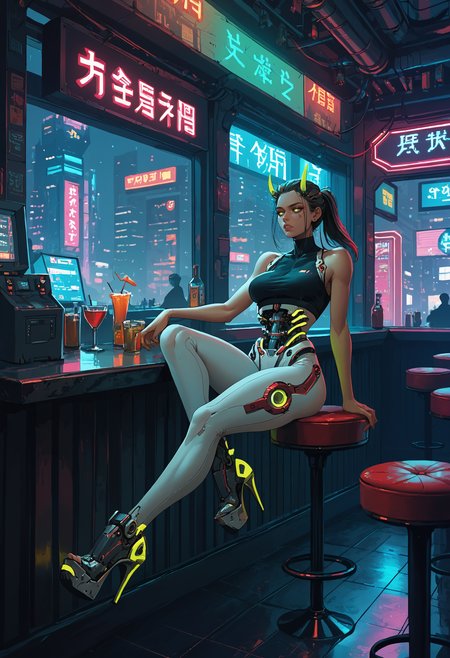 score_9, score_8_up, score_7_up, 1girl, solo, sitting, restaurant, booth seating, bar, window, neon lights, horns, crop top, thighs, (mechanical teeth), (mechanical mask:0.3), (mechanical torso:1.5), glowing clothes, city at night, scenery, highly detailed, science fiction, metropolis, cyberpunk, big breasts, dreamy eyes, bored, long hair, ponytail,
 <lora:ArmorPunkV4:1> arm0rpunkv4, mechanical shoes, high heels, strappy heels, leggings,