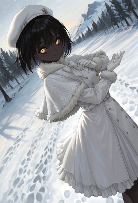 masterwork, perfect quality , amazing quality, absurdres, newest, hyper detailed, detailed, masterpiece, highly detailed, best quality, absolutely eye-catching, 1girl, solo, theprincess, dark-skinned female, very dark skin, black hair, short hair, yellow eyes, white dress, long sleeves, capelet, white bow, white gloves, white coat, fur trim, white headwear, beret, smile, snow, outdoors, scenery, dynamic pose, (dramatic angle, dynamic angle:1.2), facing viewer, looking at viewer,  <lora:theprincess-illust:1> <lora:NOOB_vp1_detailer_by_volnovik_v1:0.3> <lora:spo_sdxl_10ep_4k-data_lora_webui:0.6> <lora:748cmSDXL:0.3> <lora:mon_monmon2133:0.4> <lora:noobai_vpred_1_masterpieces_v23:0.5>