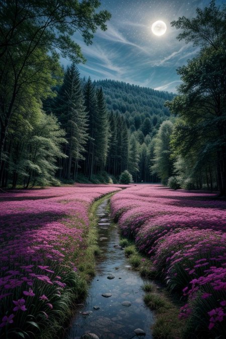 masterpiece, best quality, ultra-detailed, realistic, 8k,  lifelike naturalism, greatest naturalism photo, immaculate detailed realism photography, rich colors, best colors composition, intrigue nature panorama, delicate nature photo, immaculate micro-details nature elements, lakes, meadows, glitter, moonlight, Crystal landscape, Crystal flowers, Crystal fantastic, out-of-this-world scenery,