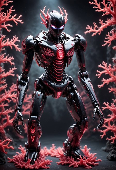 masterpiece, one-person solo, Dark-Fantasy-page, robot made-out-of-coral, (dark:1.1) indoors lab (shadows) (dark-atmosphere) ominous eerie