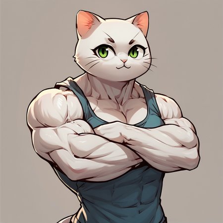 score_9,score_8_up,score_7_up,
 <lora:muscular:0.8>,
muscular_body,
cat,,solo,(cute face),muscular , shirt,upper body,white fur,crossed arms,female focus