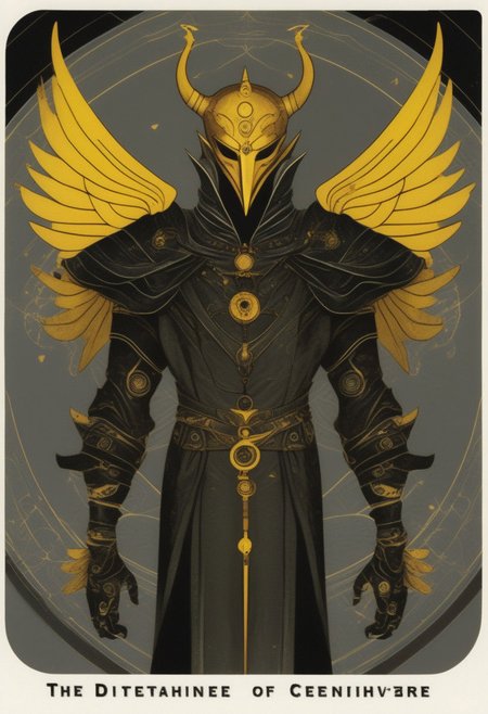 dark grey background, art déco, occultist, antiquarian, ((male tiefling)), byzanthine man in black and yellow robes, (ornate censer), ((man wearing golden ibis mask)), (man wearing turban), ((upwards shoulder pads)), golden horns, golden wings