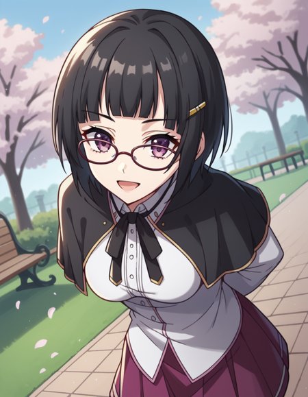 score_9, score_8_up, score_7_up, source_anime, <lora:souna-sitri-s1-ponyxl-lora-nochekaiser:1>, souna sitri, short hair, black hair, hair ornament, glasses, hairclip, bangs, blunt bangs, purple eyes, medium breasts, shirt, ribbon, school uniform, white shirt, black ribbon, neck ribbon, capelet, black capelet, long sleeves, skirt, red skirt,, park, cherry blossoms, bench, gentle breeze, peaceful, running, open mouth,, smile, looking at viewer, hands behind back, bent over,, solo,, cowboy shot, dutch angle,