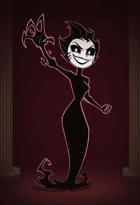 masterpiece, best quality, amazing quality, very aesthetic, absurdres, DSTShadowC, alternate hairstyle, monster girl, black lipstick, no nipples, no navel, two-tone skin, claws, ghost tail, umbrakinesis, darkness, false arm, arm up, black hair, HairFlame, whisker markings, black sclera, white eyes, evil grin, dark, pillar, simple background, full body, looking at viewer, incoming punch, fangs