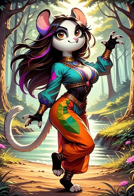score_9, score_8_up, score_7_up, kftenhance, FMW1, fluffy, painterly, vibrant details, ccrms, source_furry, female furry, (brown eyes:1.5), (long hair, dark brown hair, violet highlights:1.4), tail, paws, small claws, cheering, forest, mist, jewelry, fingerless gloves, long sleeves, looking at viewer, (big breasts:1.5, big butt), (((chinchilla))) (intricate Arabian clothes, look of wonderment)