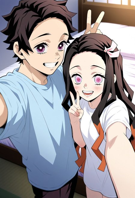 masterpiece, best quality, amazing quality, very aesthetic, absurdres, newest, atmospheric perspective, anime style, official style 
1girl, nezuko, \Kimetsu no Yaiba\, black long hair, hair ribbon, pink eyes, smile with teeth, v, selfie, only face, stands with back to the bed
1boy, Tanjiro, \Kimetsu no Yaiba\, in bed, sleep, brown hair, bedroom, top view