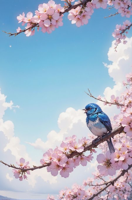 This is a vivid photograph capturing a small bird perched on a branch adorned with delicate cherry blossoms. The bird, likely a male blue tit, has striking blue feathers on its head, wings, and back, with a lighter blue underbelly. Its tiny beak is open as if singing, adding a sense of life and motion to the scene. The bird's feathers appear soft and fluffy, contrasting with the smooth texture of the blossoms.
The cherry blossoms are in full bloom, with soft pink petals and vibrant yellow stamens. The branches are thin and slightly curved, supporting several clusters of flowers. The background features a serene sky with a gradient of soft blue, transitioning to a lighter shade near the horizon, and scattered fluffy white clouds, suggesting a peaceful spring day.
The composition is well-balanced, with the bird positioned slightly to the right, allowing the blossoms to frame the image naturally. The overall atmosphere of the photograph is tranquil and picturesque, capturing the beauty of nature in a moment of serene stillness. The sharpness of the image and the clarity of the details make it feel almost like a painting, but with the realistic quality of a photograph.
 <lora:DarksunRIDDV3:0.5> <lora:flux_hyperkraximalism-balanced:0.5> <lora:Midjourney_-_SemiReal_Dreams_FLUX_LoRA:0.5> <lora:CPA:0.5> <lora:Anime_realistic_v2:0.5> Realistic anime style <lora:BLUE_mk4_angel_FLUX_01:0.5>