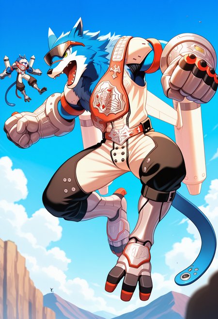 masterpiece,best quality,amazing quality, 1boy, m4ch, furry male, blue tail, champion belt, jetpack, mechanical gloves, mechanical legs, pauldrons, sunglasses, soaring, flying,
