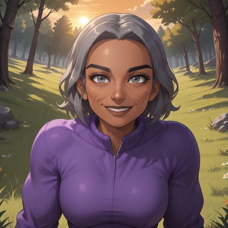 score_9, score_8, BREAK, solo, wii, mii, wii sports, 1girl, female mii, grey hair, old woman, black eyebrows, grey eyes, brown lips, lipstick, purple clothing, white pants, shoes, breasts, nintendo mii, modern_mii, classic_mii, Anna_(Wii_Sports), dark skin, dark skin female, sexy pose, self portrait, smile, outdoors, sunlight, shadows, evening lighting, natural lighting, forest, trees, grass, orange sky, sunset