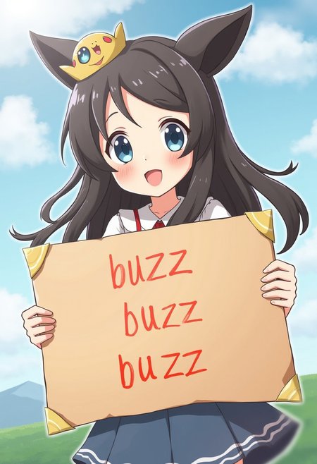 anime girl from pokemon series holding sign it say "buzz buzz buzz" , pokemon style