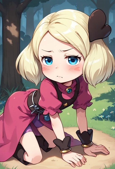score_9, score_8_up, score_7_up, best quality, uncensored, source_anime, BREAK
1girl, sw-mayone, blond hair, short hair, heart hair ornament, blure eyes, blush stickers, pink dress, brown vest, sw-mayone outfit, purple bike shorts, brown thigh boots,
from side, all fours, thirsty, outdoors, 
<lora:sdxl_lightning_8step_lora:1> <lora:sw-mayone_XL(pony):1>
