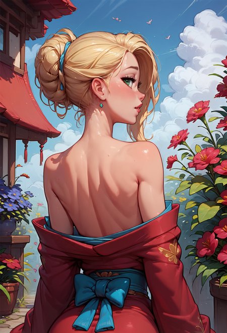 score_9, score_8_up, score_7_up, 1girl, petite, blonde hair, flowers, disney, source_cartoon, green eyes, red kimono, off shoulder, looking at viewer from behind  <lora:sdxl\Concept Art Twilight Style SDXL_LoRA_Pony Diffusion V6 XL:0.8> <lora:sdxl\Expressive_H-000001:0.8>, expressiveH <lora:sdxl\princess_xl_v2:0.7> <lora:sdxl\officialpit_style_xl_ilff:0.5>