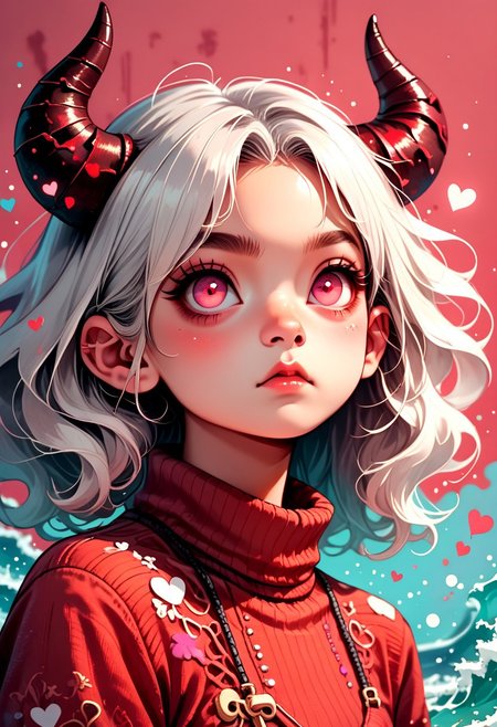 score_9, score_8_up, score_7_up, source_anime, digital illustration of a young girl with white hair and pink eyes. She has two horns on her head, one on each side of her head and the other on her forehead. She is wearing a red turtleneck sweater with small white hearts scattered around her. Her hair is styled in loose waves and falls over her shoulders. She appears to be looking off to the side with a serious expression on her face. The background is white, vibrant colors, high contrast, smooth & soft gradients, stylized realism, cartoon-like details, dreamy, warm colors