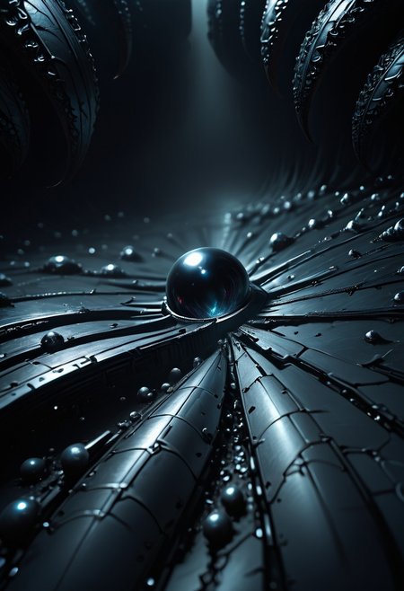 score_9, score_8_up, score_7_up, score_6_up, MyNewFantasy, macro view, weird-shaped artifact made of an unknown, iridescent material. The artifact should have an asymmetrical, twisted form with a bumpy surface that reflects deep blues and metallic greens. Illuminate it with dramatic shadows, placing it against a dark void to emphasize its mysterious nature.