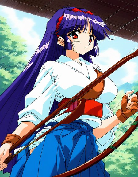 score_9, score_8_up, score_7_up, source_anime, rating_explicit, BREAK  <lora:Shiraishi_Yumiko_Ver2.0_XL:1> ShiraishiYumiko, long hair, red eyes, red hairband, purple hair, large breasts, blunt bangs,
 1girl, bow (weapon), solo, weapon, gloves, kyuudou, archery, japanese clothes, muneate, yugake,  partially fingerless gloves, blue hakama, 
skirt, blue hair, hakama skirt, holding bow (weapon), arrow (projectile), single glove, holding weapon